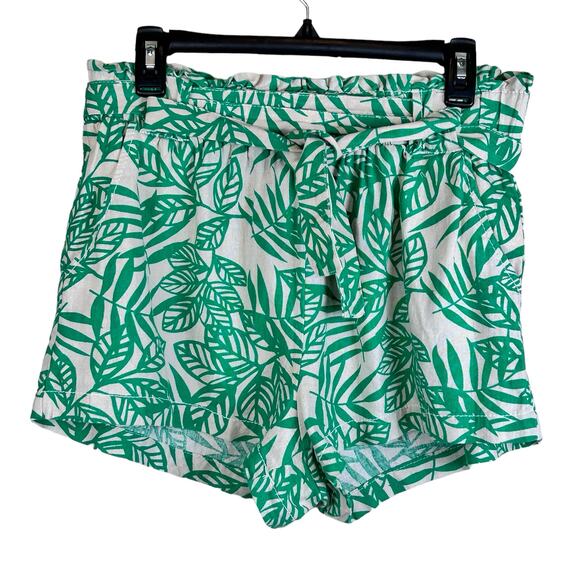 Cali 1850 Shorts Large Paper Bag Elastic Waist Floral Green White Linen Viscose - Picture 1 of 8